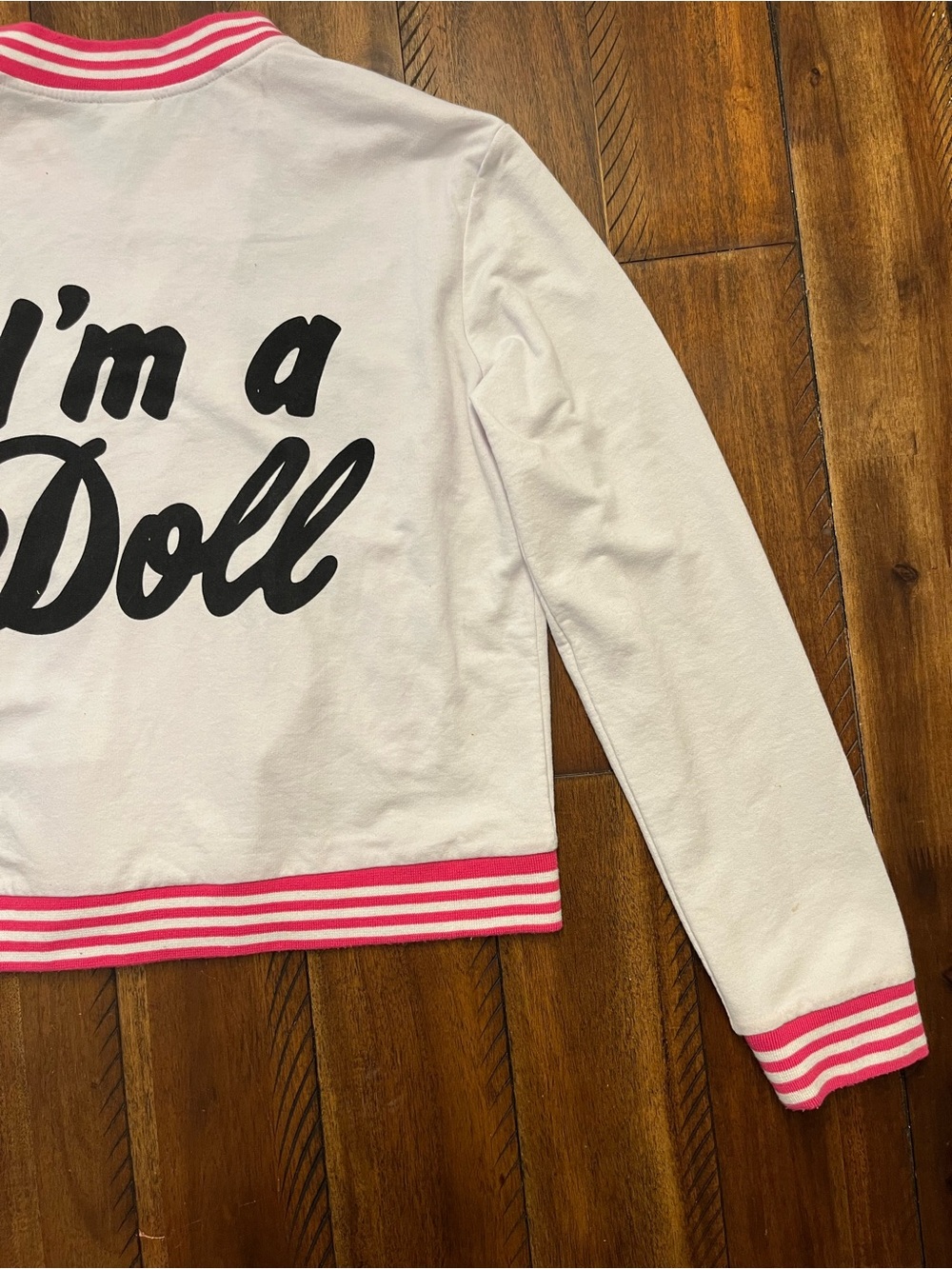 Barbie White Varsity Jacket with Pink Trim and Black Lettering - Picture 8 of 12